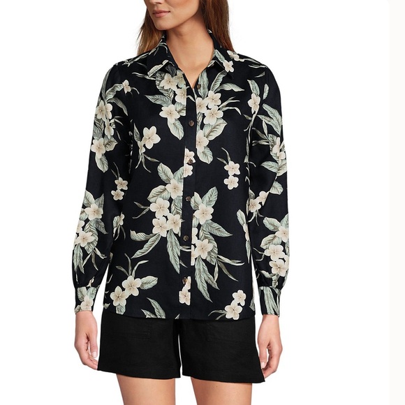 Lands End 100% Linen Black Floral Button-front Shirt Women’s Size Medium (10-12) - Picture 1 of 11